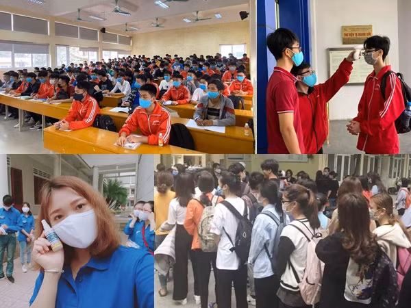 Sinh viên xếp hàng đo thân nhiệt trong ngày đầu trở lại trường