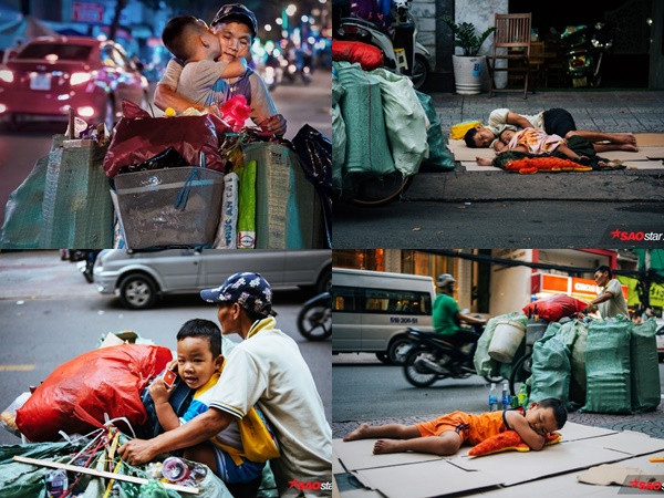 Cậu bé hôn mẹ trên chiếc xe chở đầy ve chai 