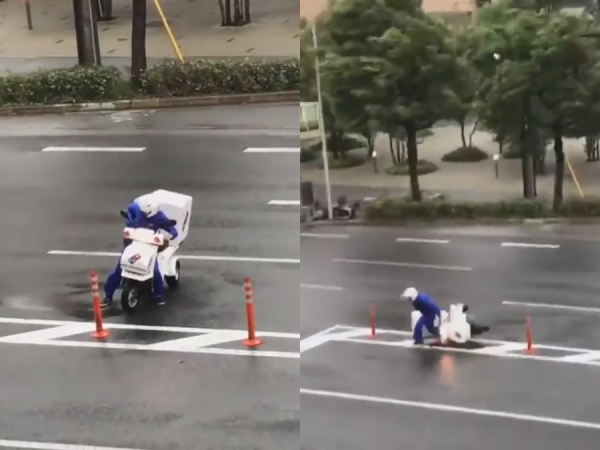 Mặc siêu bão thổi bay cả xe, chàng trai người Nhật vẫn quyết tâm giao pizza đúng hẹn