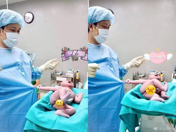 Bé sơ sinh ở Việt Nam nắm chặt áo bác sĩ gào khóc ăn vạ gây "bão" cả MXH Trung Quốc