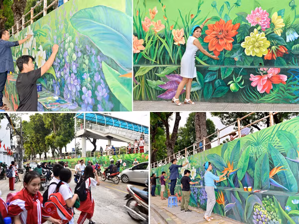 Ngỡ ngàng trước bức tường dài 40m vẽ “Hà Nội 12 mùa hoa”