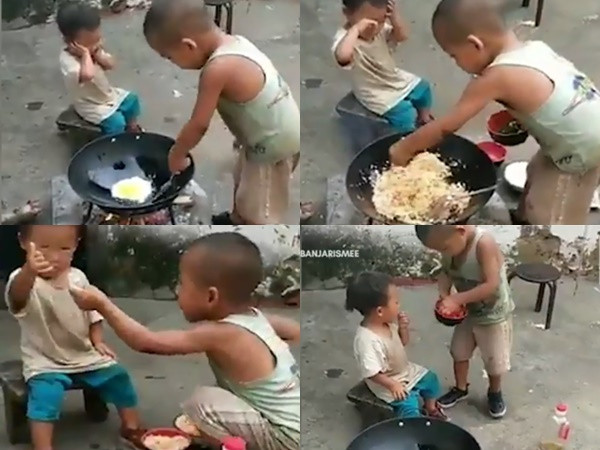 Phát sốt với hình ảnh cậu bé 5 tuổi làm cơm chiên cho em gái