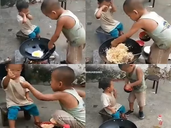 Phát sốt với hình ảnh cậu bé 5 tuổi làm cơm chiên cho em gái