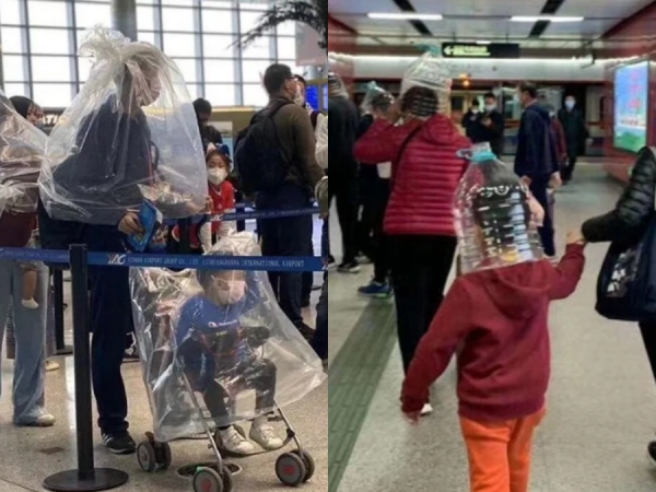 Sợ lây nhiễm virus corona, dân Trung Quốc đội cả chai nhựa lên đầu, bọc bao nilon quanh người