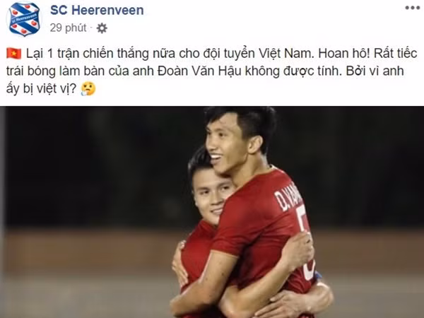 Tài khoản CLB Heerenveen chúc mừng Văn Hậu bằng tiếng Việt khiến fan thích thú