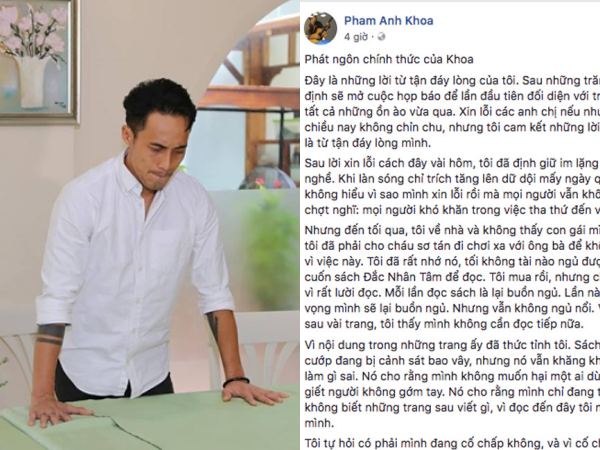Phạm Anh Khoa viết tâm thư thừa nhận: "Hôm nay mới học cách làm một người đàn ông"