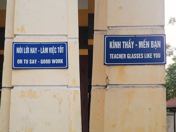 Khẩu hiệu "đanh thép" ở trường học nhưng dòng chú thích tiếng Anh mới là điều đáng chú ý