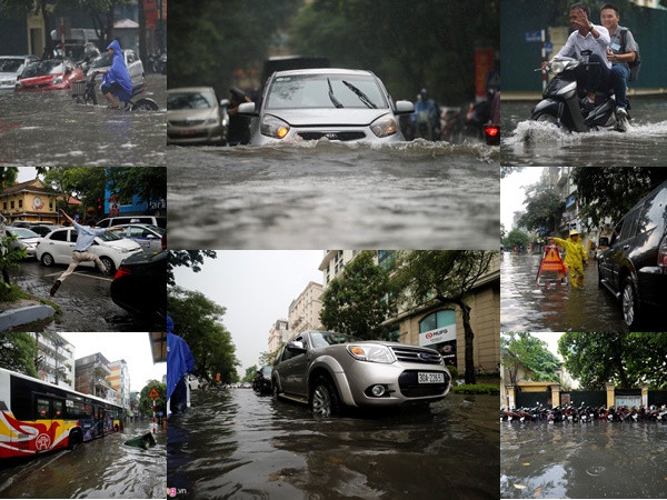 "Xế hộp" bơi giữa dòng nước sau trận mưa lớn buổi trưa