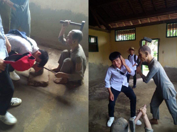 Tạo dáng nghịch ngợm bên mô hình tượng lịch sử, nhóm nam sinh nhận phản ứng gay gắt