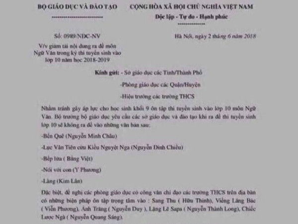 Bộ GD&ĐT bị giả mạo công văn giảm tải đề thi Ngữ văn vào lớp 10 THPT