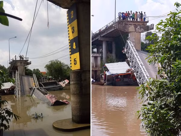 Đồng Tháp: Cầu bê tông gãy đôi, xe tải 20 tấn rơi xuống lòng sông