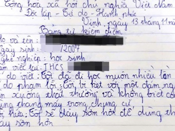 Đi học muộn vì thang máy, học sinh viết bản kiểm điểm cười rách cả miệng