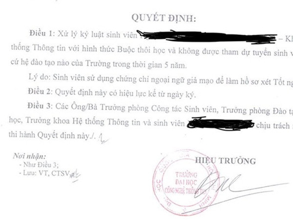 Sinh viên bị buộc thôi học và cấm thi trong 5 năm vì dùng chứng chỉ giả