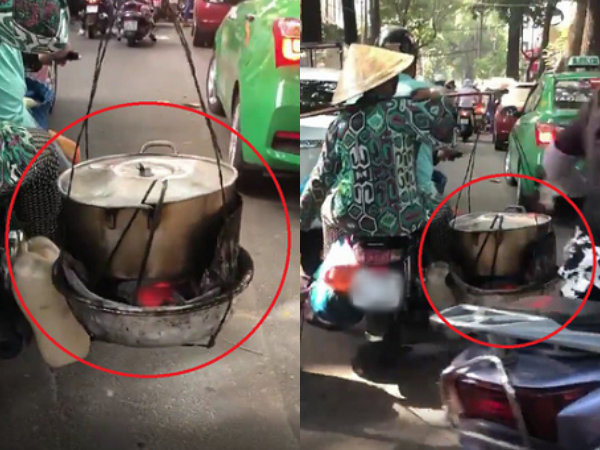 Kinh hoàng xe máy chở bếp than và nồi nước sôi vẫn lao vun vút trên đường