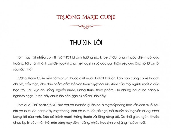 Trường Marie Curie thông tin chính thức về vụ học sinh bị dị ứng do thuốc diệt muỗi