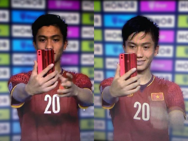 Dân mạng "phì cười" với biểu cảm đáng yêu của Văn Đức khi chụp ảnh selfie sau trận đấu