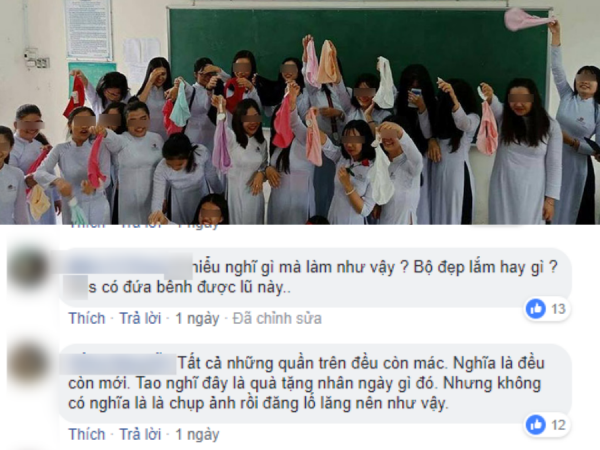 Bức ảnh các nữ sinh mặc áo dài đứng trước bảng vẩy quần chíp và băng vệ sinh gây phản cảm