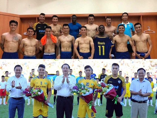 Bùi Tiến Dũng và đồng đội cởi áo khoe body, mừng hạ SLNA
