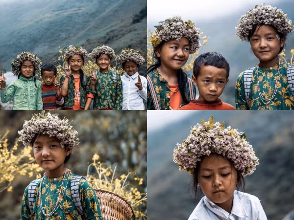 Mùa hoa vùng Tây Bắc đẹp mê hồn với hình ảnh các em bé kết vòng hoa đội đầu