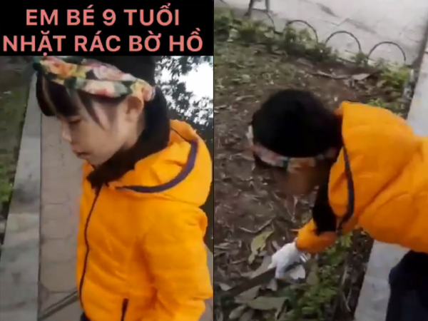 Bé gái 9 tuổi nhặt rác từ sáng sớm ở Bờ Hồ khiến dân mạng ngưỡng mộ