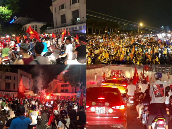 Biển người xuống đường “đi bão” ăn mừng Olympic Việt Nam thắng Olympic Syria