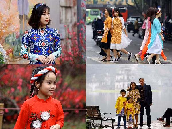Người Hà Nội xúng xính áo dài xuống phố trong sáng đầu năm mới