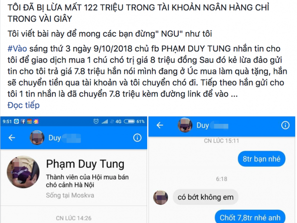 Chàng trai bị “thổi bay” 122 triệu đồng trong tài khoản chỉ vì "mua chó trên mạng"
