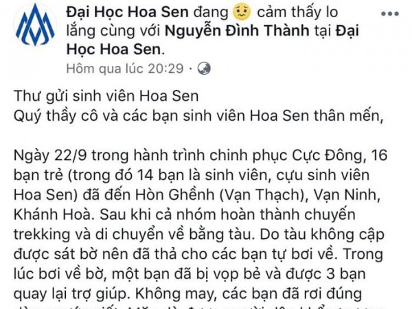 Cựu sinh viên mất tích trên biển, Hiệu trưởng ĐH Hoa Sen viết tâm thư bày tỏ sự lo lắng