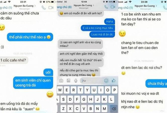 Một số đoạn tin nhắn được cho là giữa giảng viên Cường và các nữ sinh được chia sẻ trên trang SOL - VNU Confessions. (Ảnh chụp màn hình). 