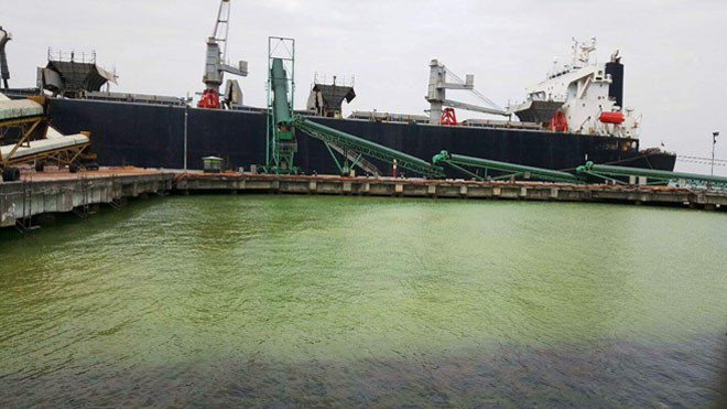 Nước tại vùng cầu cảng Chân Mây sáng 24/3 vẫn còn vàng đục.