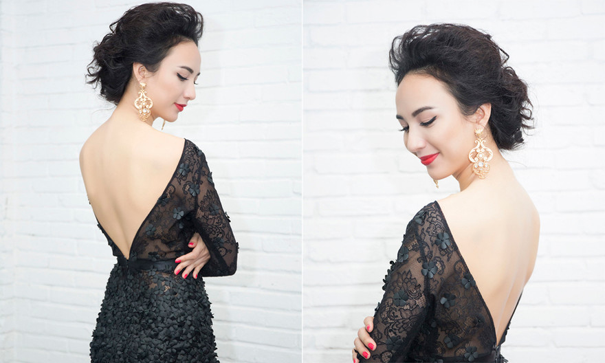 Hoa hậu Ngọc Diễm lưng trần gợi cảm với váy ren