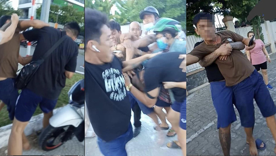 Vô tình tông trúng chó thả rông, một nam thanh niên bị một nhóm người đánh hội đồng tại ngã tư Lý Đạo Thành - Trần Thánh Tông (phường An Hải Bắc, quận Sơn Trà, Đà Nẵng). Ảnh cắt từ clip