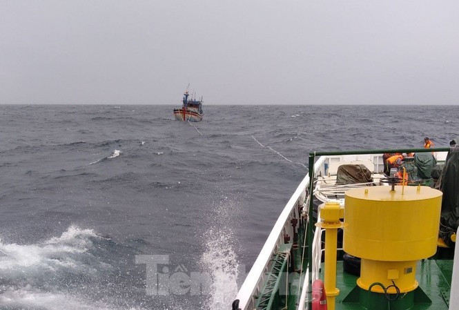 Tàu kiểm ngư đang lai kéo tàu cá BĐ 98658 TS vào bờ.
