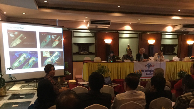 Các đại biểu COLAP lần thứ 6 bày tỏ quan ngại sâu sắc trước việc Trung Quốc xây dựng nhiều đảo nhân tạo, rồi lắp đặt hệ thống vũ khí trên đó (Trong ảnh là đá Chữ Thập chụp từ vệ tinh). Ảnh: Đức Trung