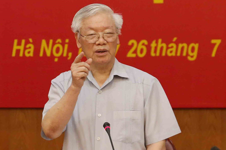 Tổng bí thư, Chủ tịch nước Nguyễn Phú Trọng chủ trì phiên họp Ban chỉ đạo trung ương Phòng chống tham nhũng sáng 26/7. Ảnh: TTX