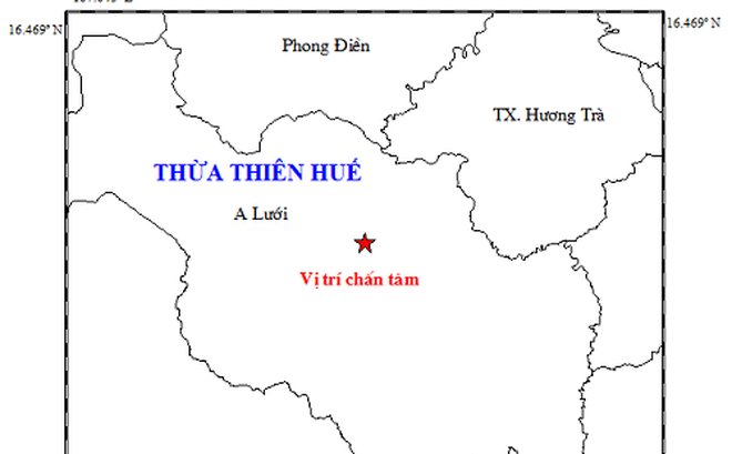 Vị trí tâm chấn nằm ở vùng núi huyện A Lưới