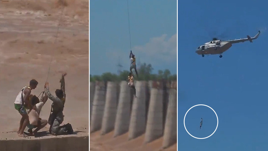 Thót tim cảnh Không quân Ấn Độ cứu hộ người mắc kẹt giữa sông. Ảnh chụp màn hình