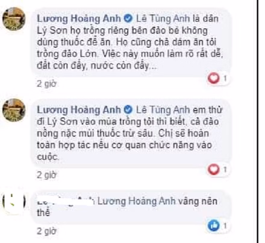 Chủ tài khoản Facebook này vẫn khẳng định dân Lý Sơn trồng riêng tỏi trên đảo Bé không dùng thuốc để ăn