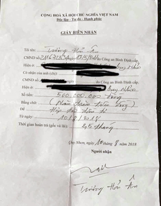  Giấy vay tiền có chữ ký được cho là của ông Trương Hải Ân. 