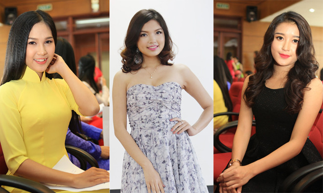 Các thí sinh Nguyễn Thị Hà Vy, Đỗ Thùy Dương, Nguyễn Trần Huyền My. Ảnh: Hồng Vĩnh