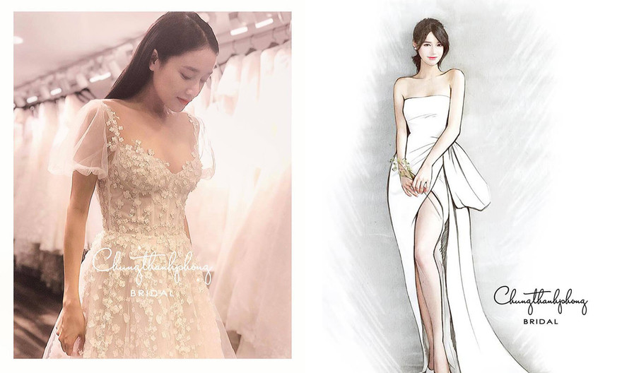 Hé lộ váy cưới vai trần, khoe chân dài gợi cảm của Nhã Phương.