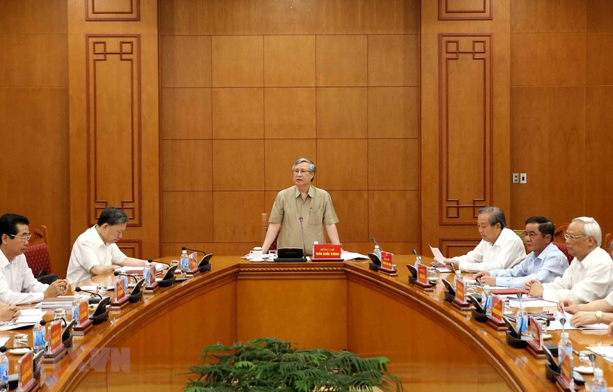 Ông Trần Quốc Vượng, Ủy viên Bộ Chính trị, Thường trực Ban Bí thư, Phó Trưởng Ban Chỉ đạo phát biểu tại cuộc họp. (Ảnh: Phương Hoa/TTXVN)