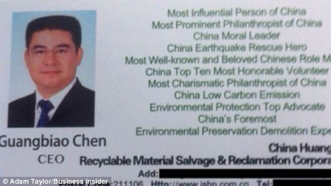 Tấm danh thiếp từng gây xôn xao của tỷ phú Trần Quang Tiêu. Ảnh: Daily Mail