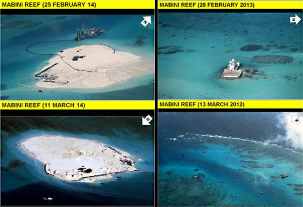 Ảnh chụp 4 thời điểm khác nhau từ năm 2012 đến nay cho thấy Trung Quốc đang cải tạo Đá Gạc Ma. Ảnh: Philstar