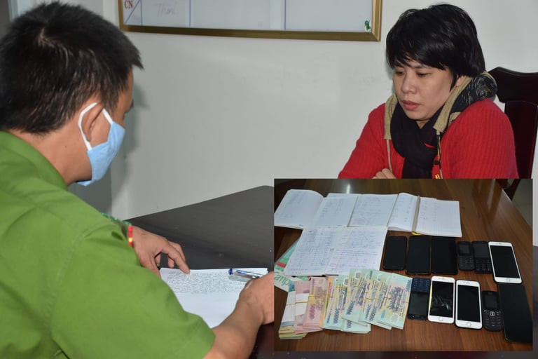 Phạm Thị Hồng Hà (áo đỏ) cùng tang vật (ảnh nhỏ). Ảnh M.T