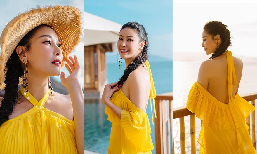 Hà Kiều Anh diện váy vàng rực khoe trọn lưng trần, đẹp như 'nữ thần' trên biển 