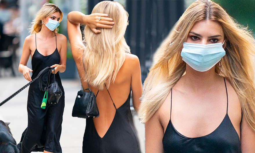 Emily Ratajkowski mặc váy lụa mỏng, không nội y dắt chó đi dạo