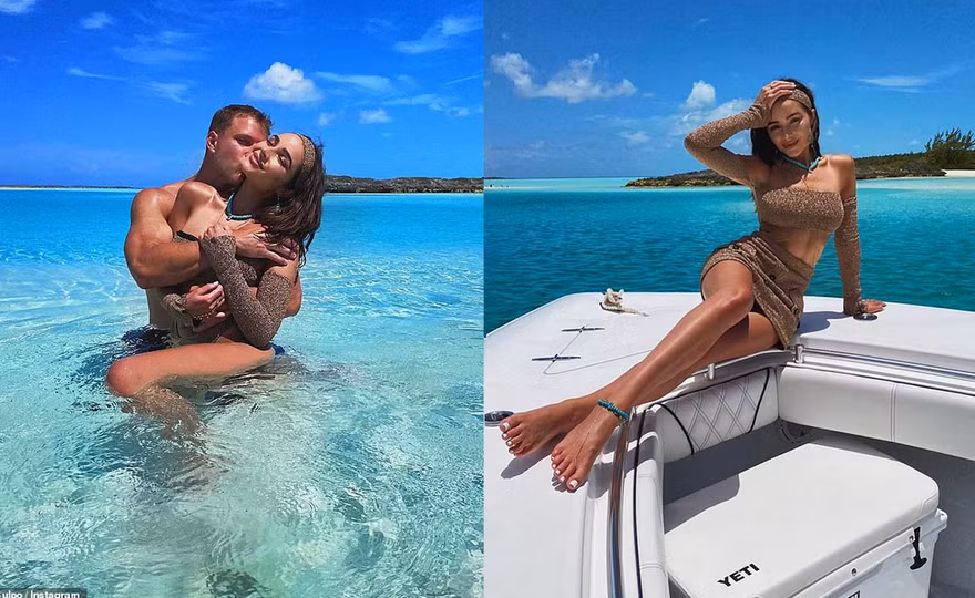 Hoa hậu Hoàn vũ Olivia Culpo ôm hôn mặn nồng bạn trai cầu thủ ở biển