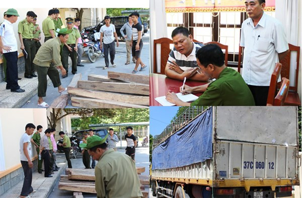 Lực lượng chức năng kiểm tra tang vật, làm việc với những người liên quan. Ảnh: Công an Thanh Hóa