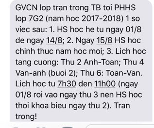 Một thông báo lịch học hè cho phụ huynh học sinh